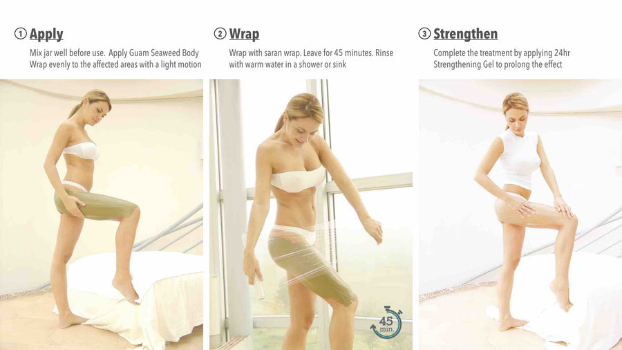 How to use a thigh wrap for weight loss: apply the seaweed mud, wrap the leg in film, then rinse and apply the boosting gel