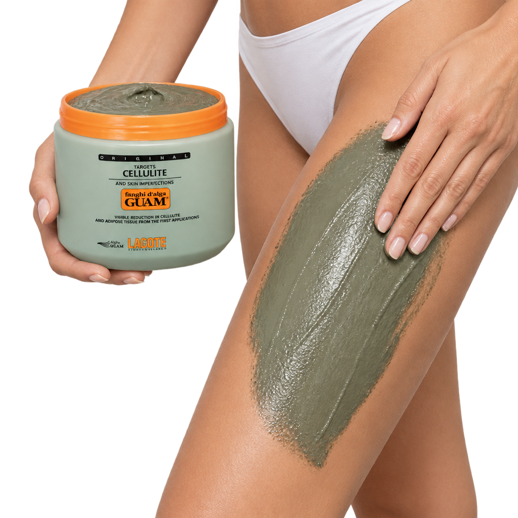 Woman holding a GUAM jar and spreading seaweed mud on her thigh