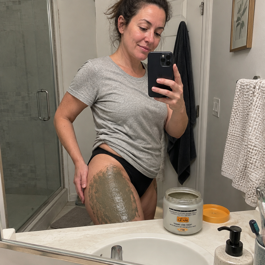 Woman taking a mirror selfie with GUAM seaweed mud on her thigh