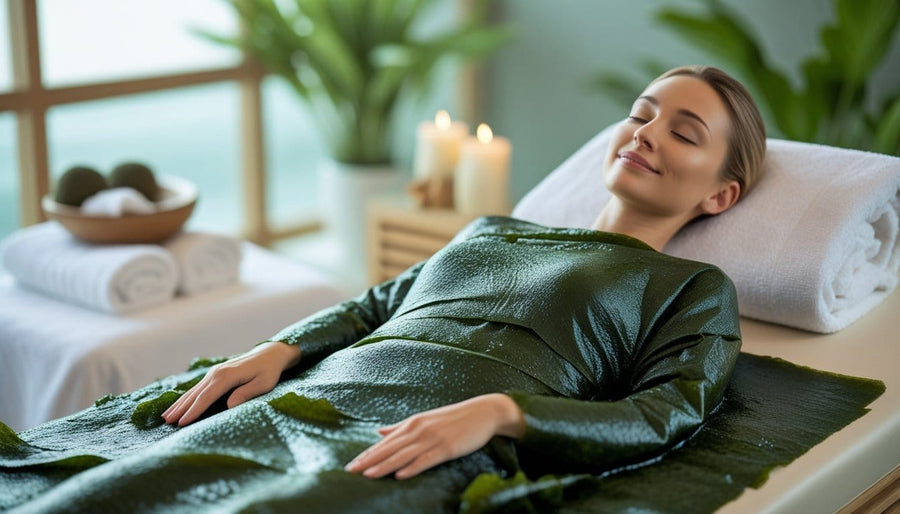 Woman wrapped in green seaweed mud for firmer skin, a step up from home remedies for sagging skin