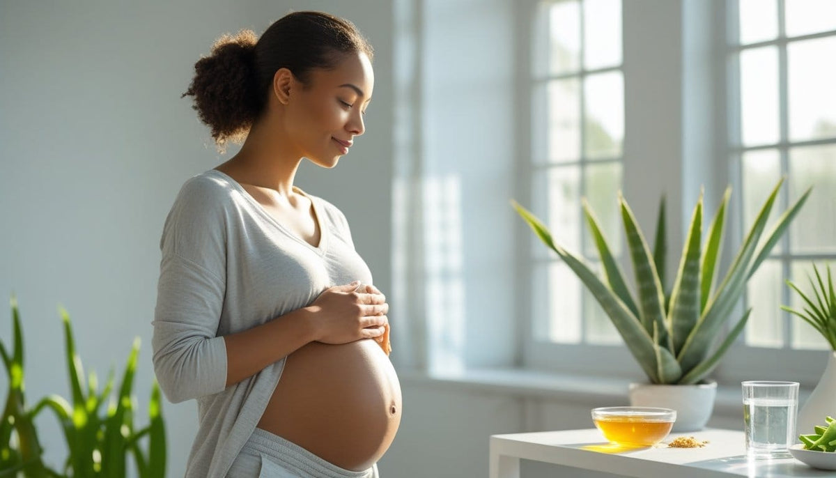 Pregnant woman by a window holding her belly, cellulite during pregnancy is common and normal