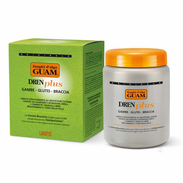 GUAM Dren Plus draining seaweed mud body wrap jar and box for water retention in the legs