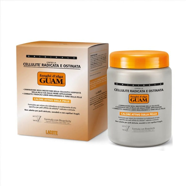 GUAM Max Strength seaweed mud jar and box for stubborn thigh cellulite
