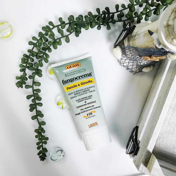 GUAM Tummy Tightening cream tube, a caffeine firming cream for stomach cellulite with infrared heat